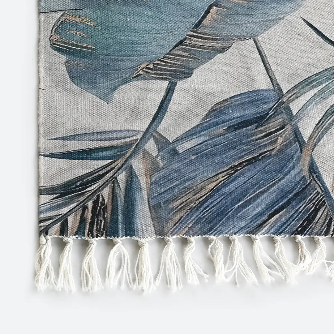 Digital Printed Rug with Muted Teal and Pale Gold Leaf Design - Image 3