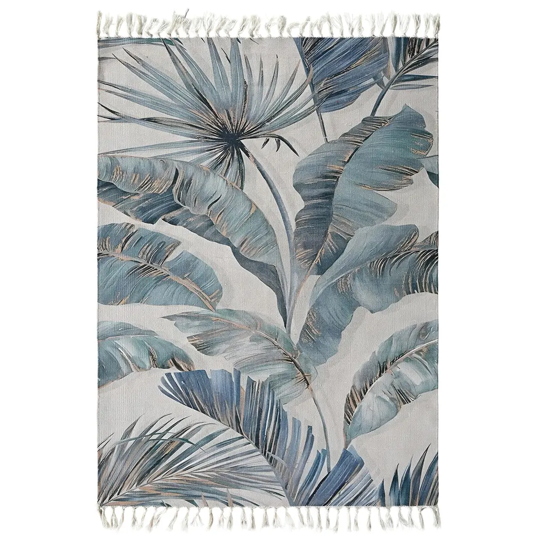 Digital Printed Rug with Muted Teal and Pale Gold Leaf Design - Image 6