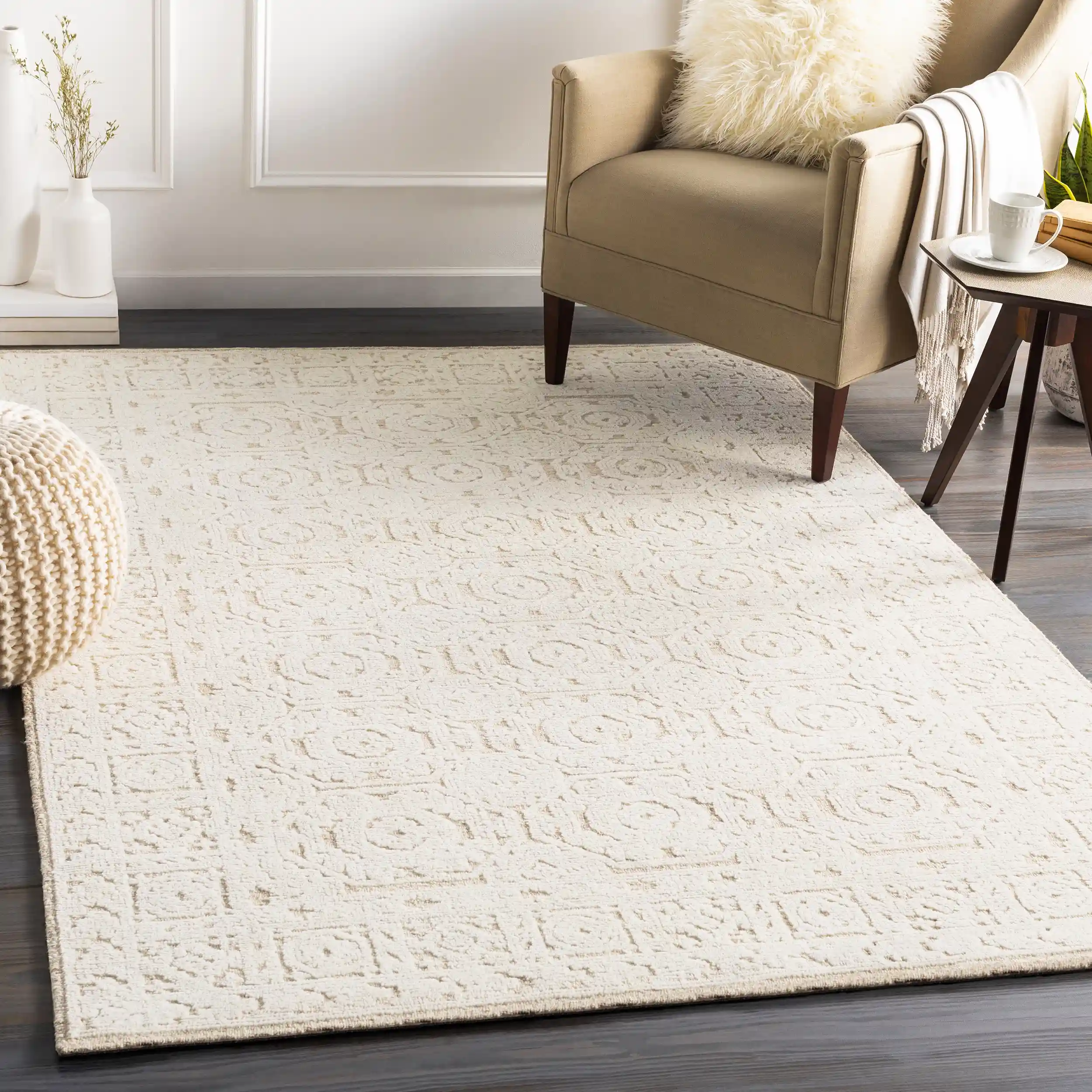 Hand Loomed Louvre Beige Wool Rug - Image 7