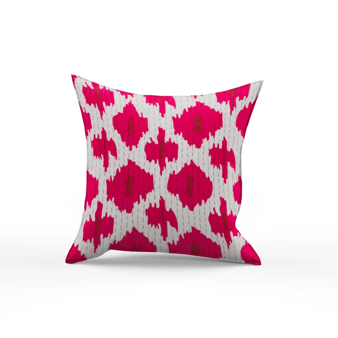 Kantha Cotton Red and Cream Screen Printed Pillow Cover - Image 5
