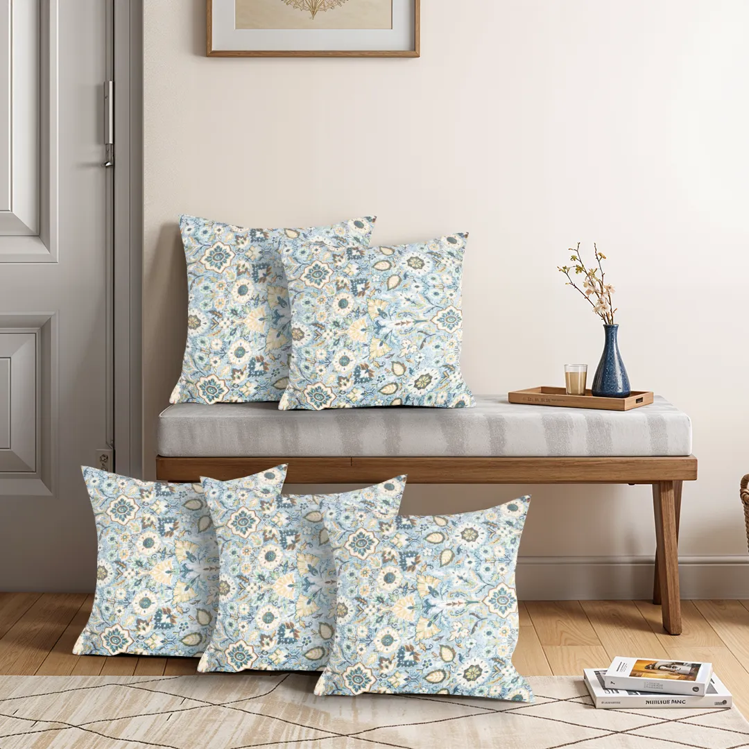Rich Floral and Leaf Motifs in Sky Blue Cushion Cover - Image 3
