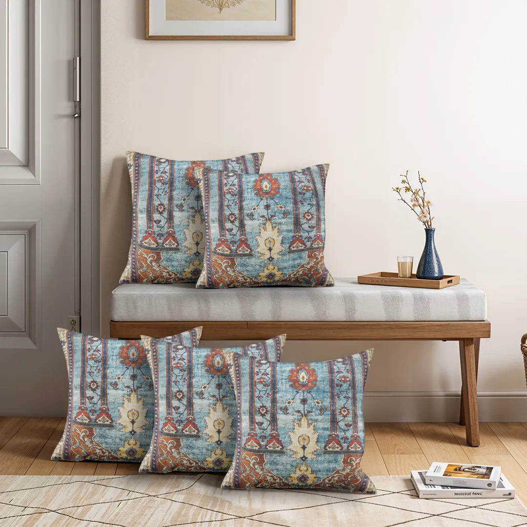 Teal-Blue Antique Rug Design Cushion Cover - Image 3