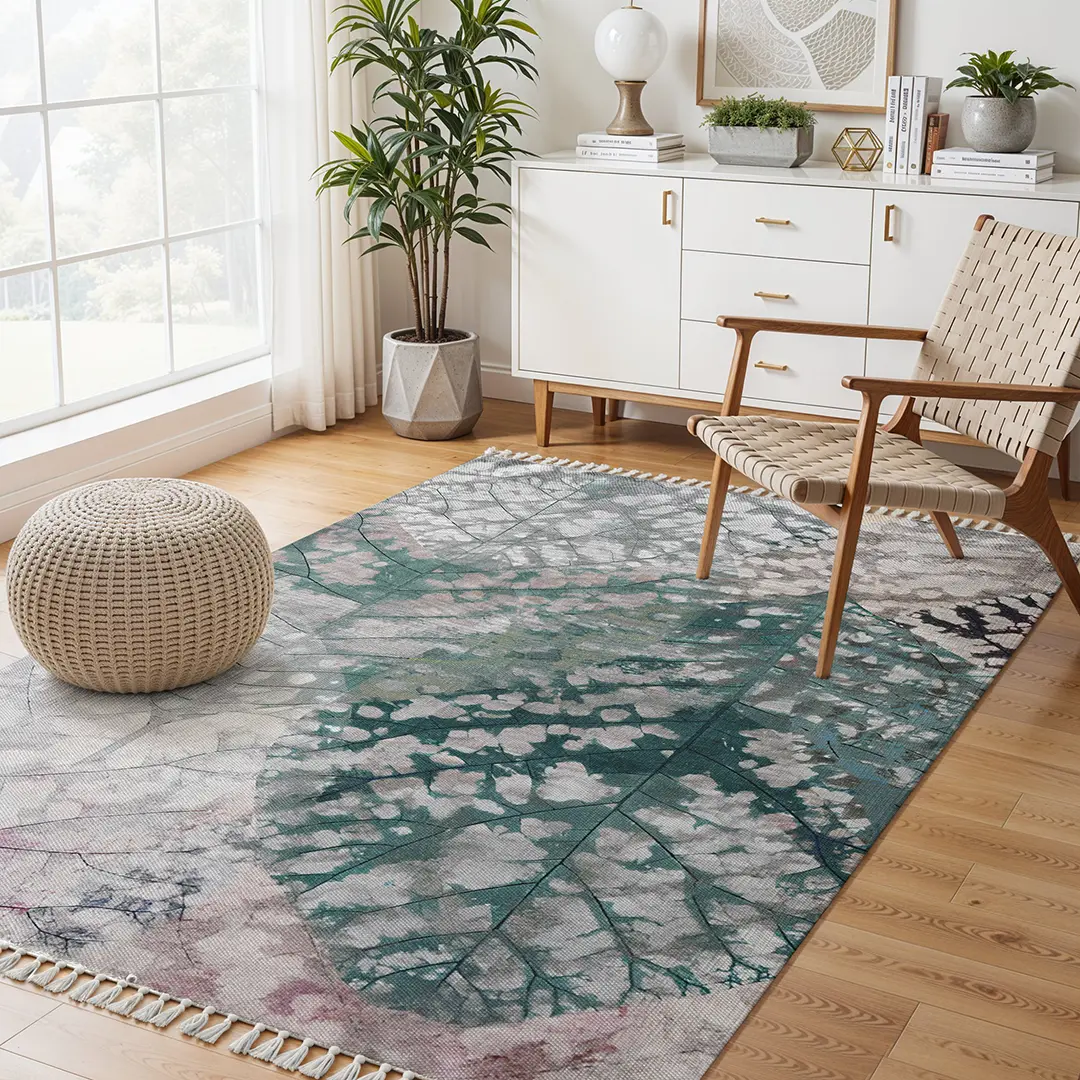 Textured Digital Print Rug Featuring Overlapping Leaf Designs - Image 7